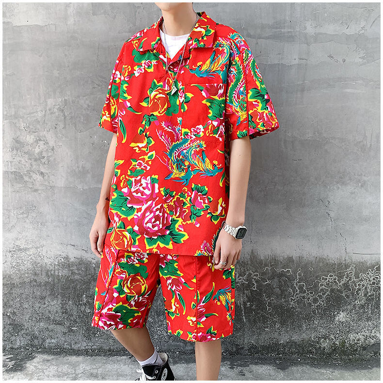 霖速东北大花套装东北大花布衣服网红套装男大码胖子短袖潮夏季运动