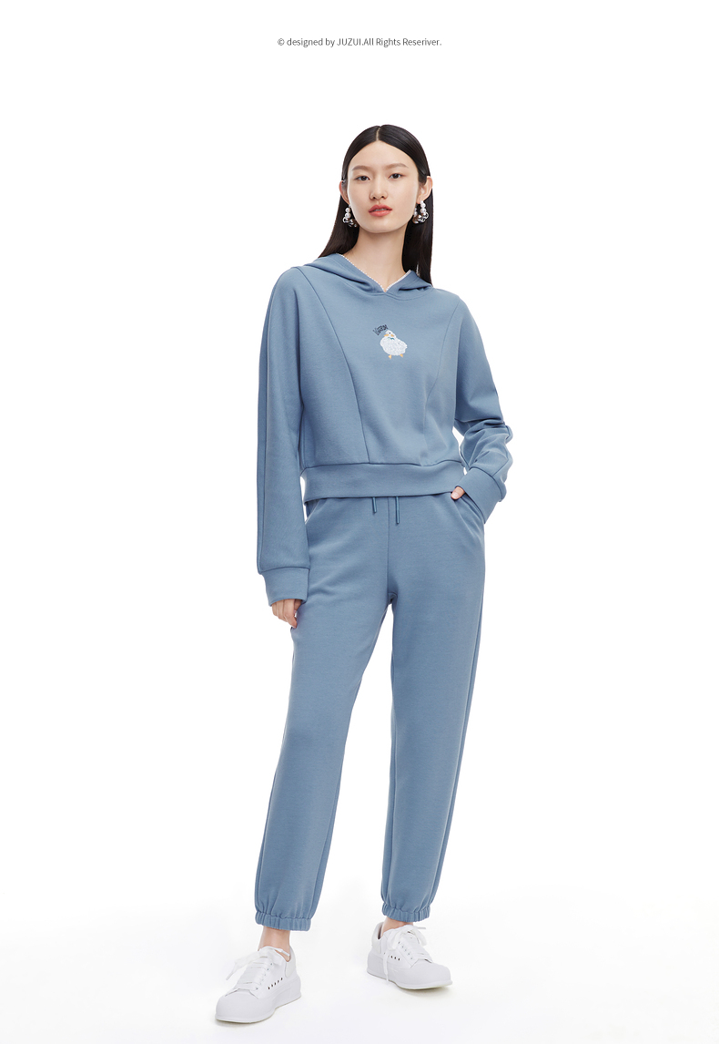 玖姿春季新款纯色休闲运动风松紧腰束脚裤女休闲裤天蓝m