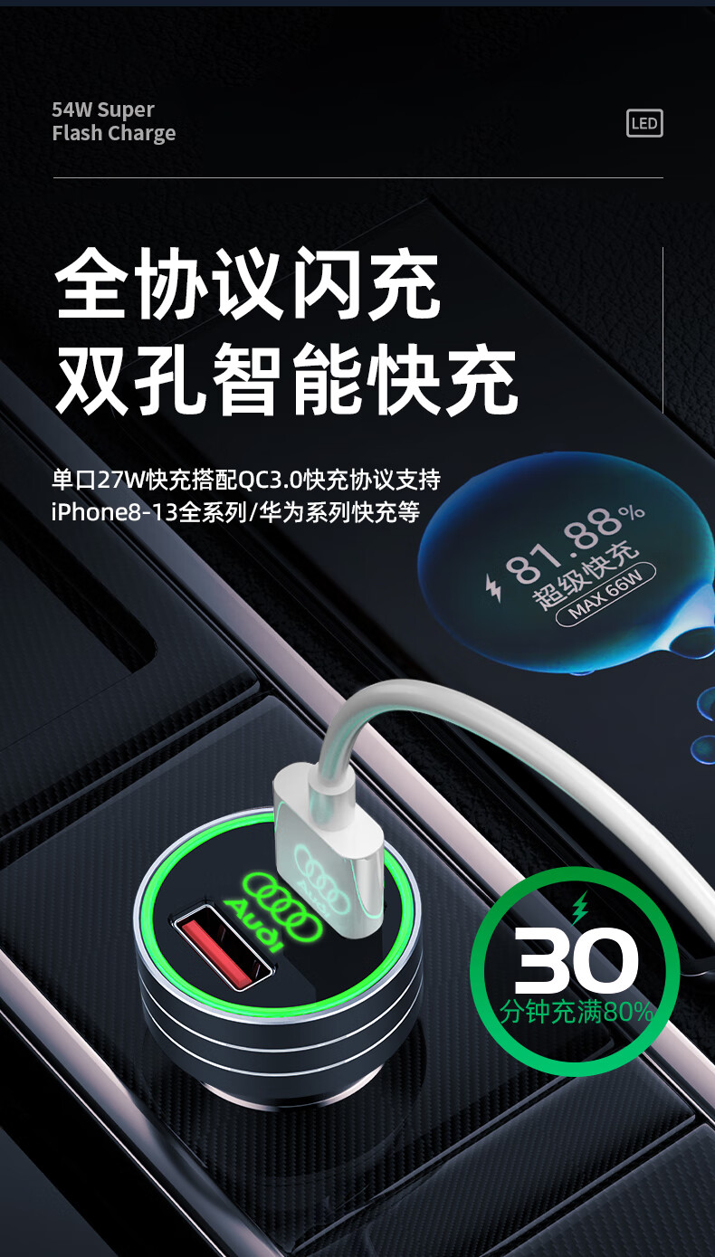 奧迪a4l車載充電器a6lq5la3a5q3q7q2l點菸器轉換插頭車通用奧迪黑色車