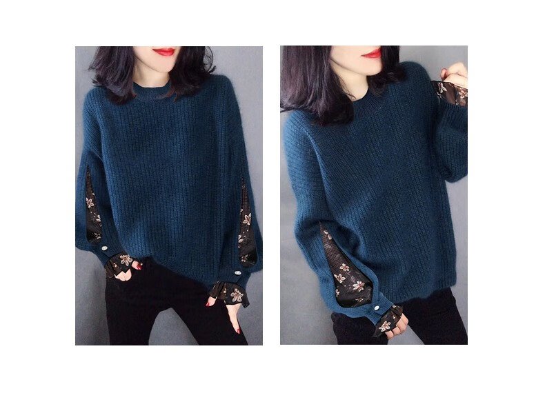 南极人品牌高档女装假两件毛衣女2021秋冬新品宽松圆领套头打底衫上衣