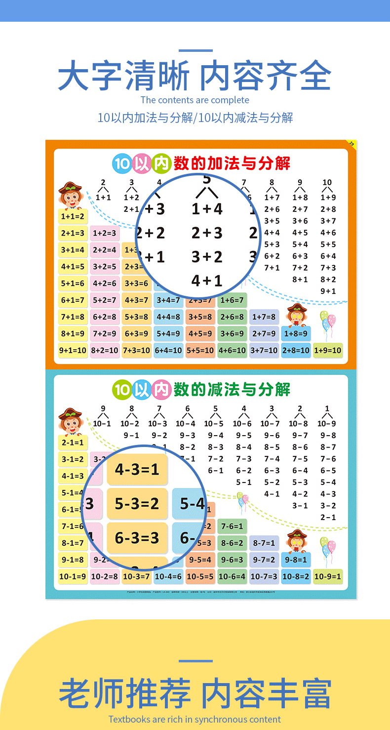 玟書2010以內加減法口訣表掛圖兒童幼小銜接一年級小學生加減法全套