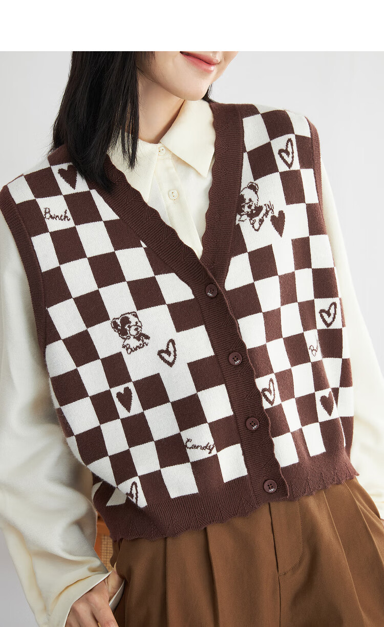 茵曼撞色棋盘格毛衣女2022春季新款休闲百搭针织文艺开衫马甲上衣f18