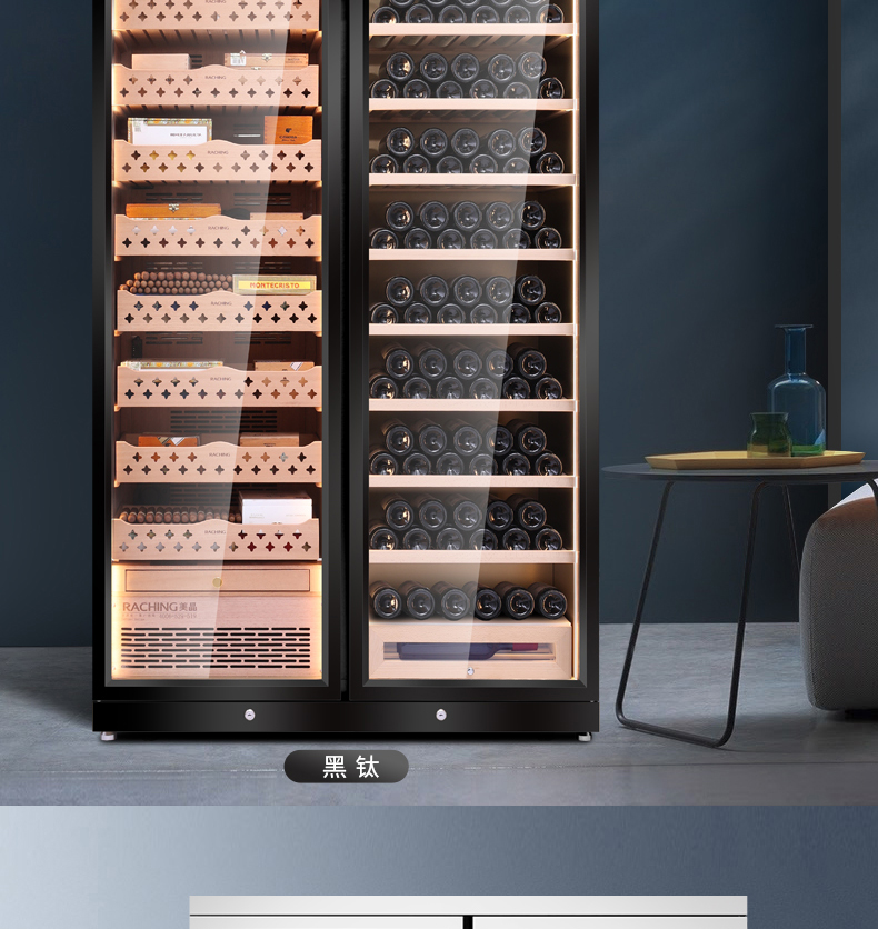 raching美晶不锈钢超大容量双门雪茄柜恒温恒湿雪松木进口压缩机酒柜