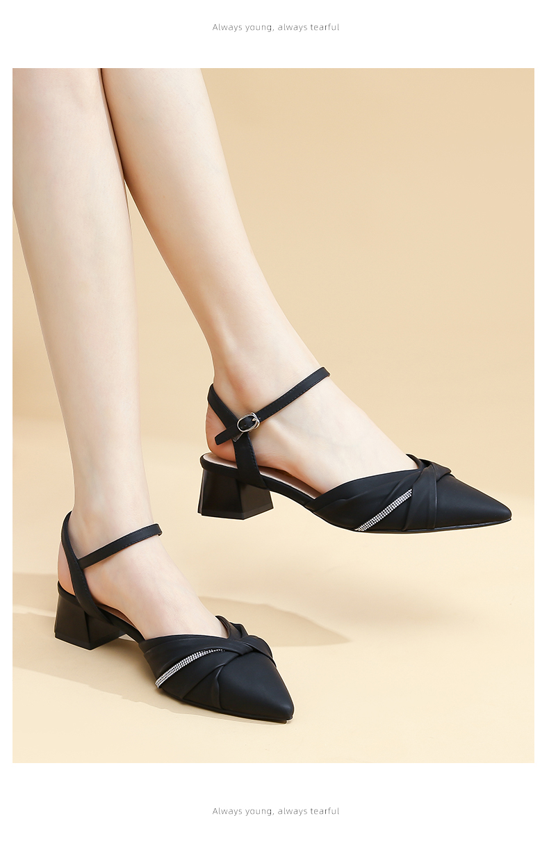 兽霸女鞋夏季一字带气质仙女粗跟单鞋尖头时尚水钻包头凉鞋女米色35