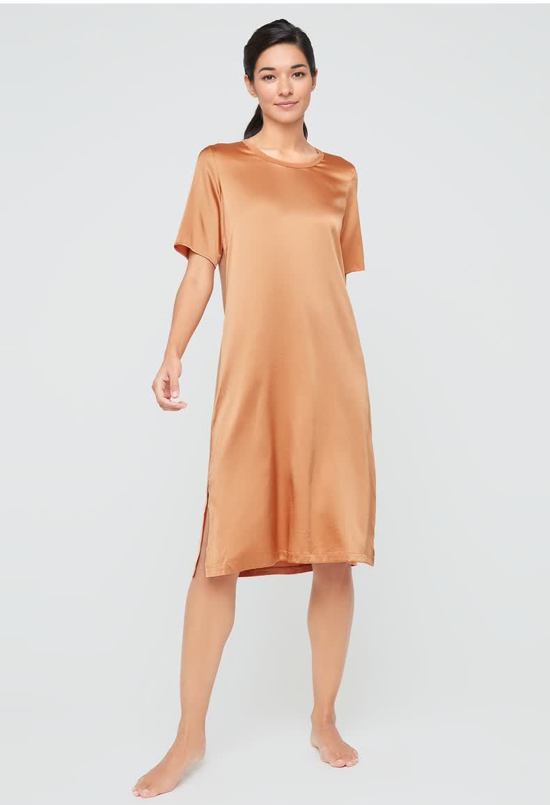爱慕睡衣女士睡裙家居服夏季丝润ii中袖连衣裙真丝桑蚕丝舒适透气简约