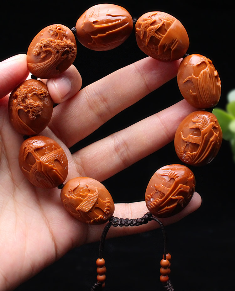 艾美福 双面山水风景园林橄榄核手串苏工浮雕纯手工雕刻文玩橄榄胡