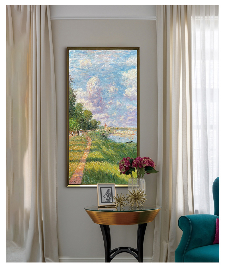 印象斑斓手绘油画塞纳河风光莫奈名画美式欧式田园风景挂画别墅玄关竖