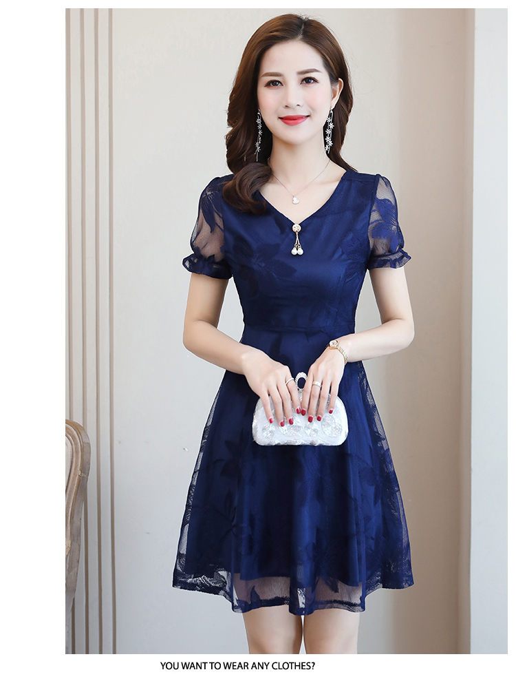 中年人连衣裙小个子大码304050岁夏装中年装气质妈妈套装端湖蓝色m