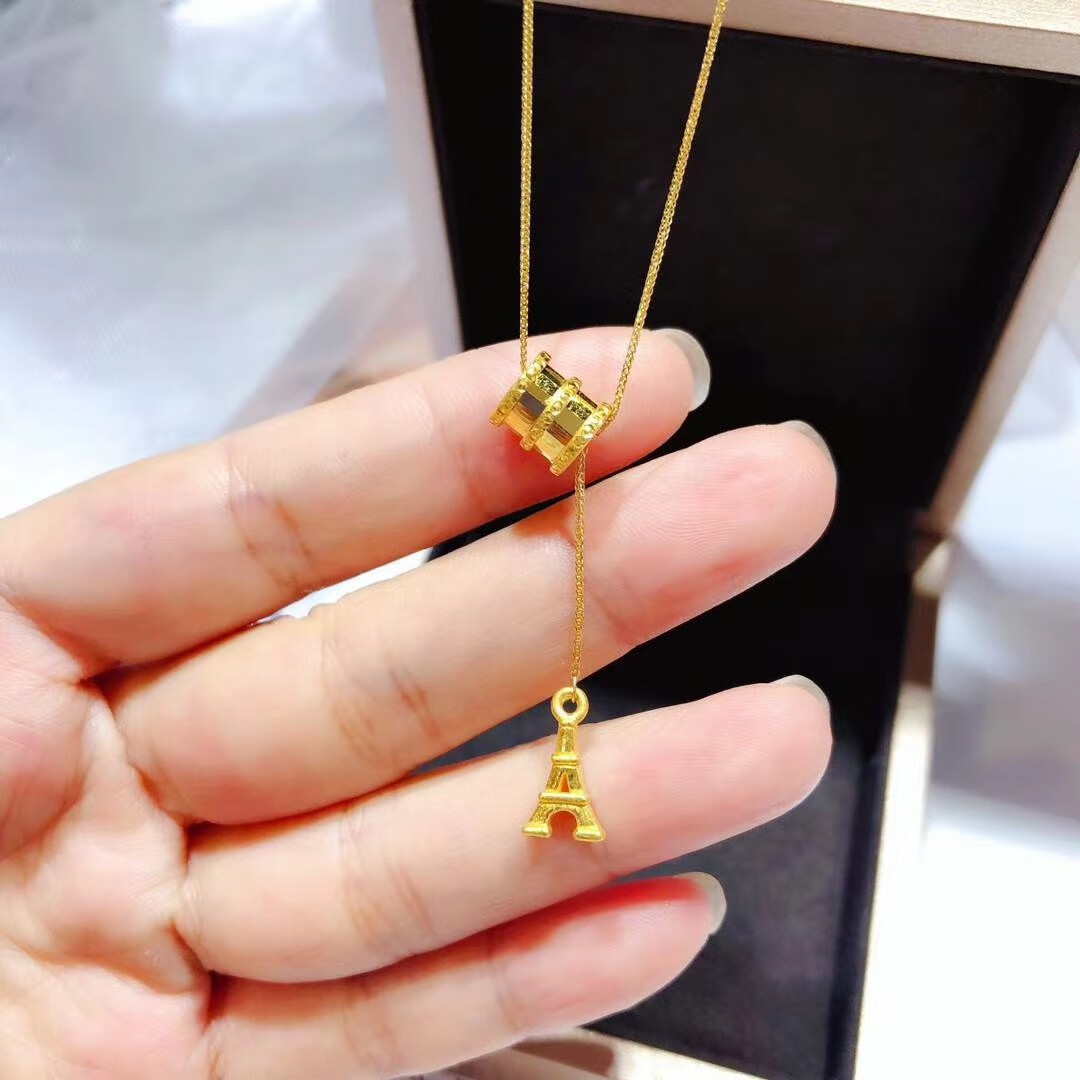 宫之瑄999足金一体项链黄金吊坠小蛮腰锁骨链女细款18k金套链埃菲尔