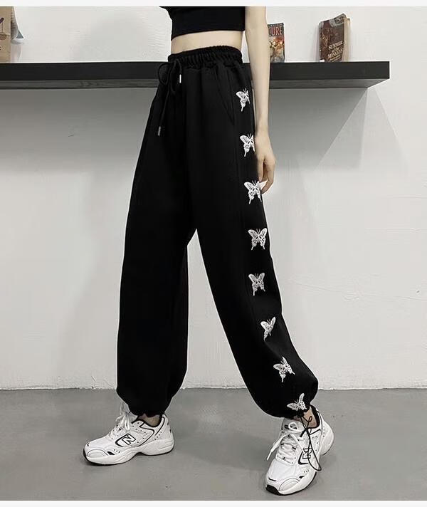 oiuo灰色运动裤子女春夏款蝴蝶印花抽绳束脚裤卫裤宽松休闲灯笼裤薄款