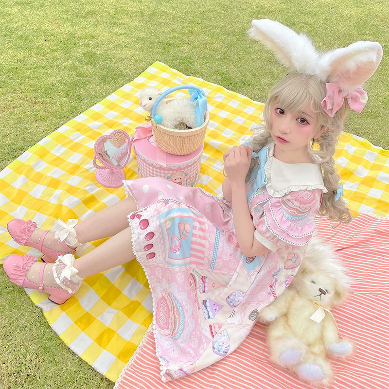 2022新款霜糖甜心op猫芮可lolita呲甜短袖夏可爱洛丽塔连衣裙女 粉红