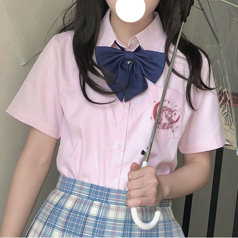 妙氏原创独角兽jk制服刺绣上衣女衬衫短袖学生衬衣班服运动会独角兽