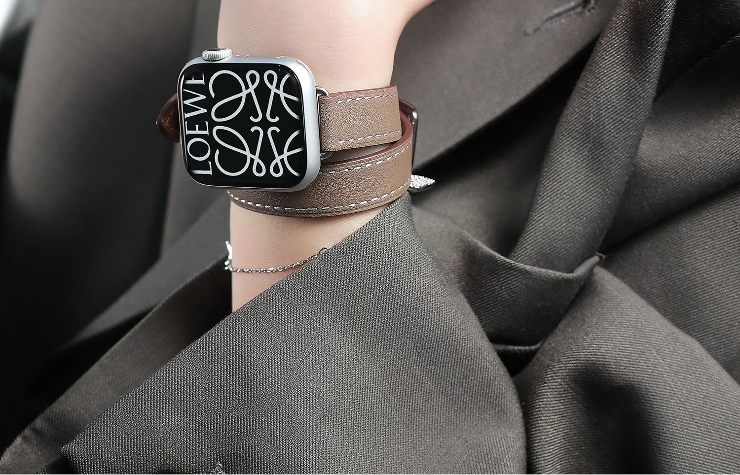 宣人适用applewatch苹果表带爱马仕款手表细双圈真皮iwatch7se654代表