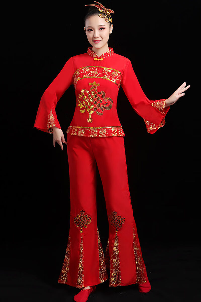 新款秧歌服中老年广场舞扇子舞蹈服装腰鼓服民族舞蹈表演服女套装红色