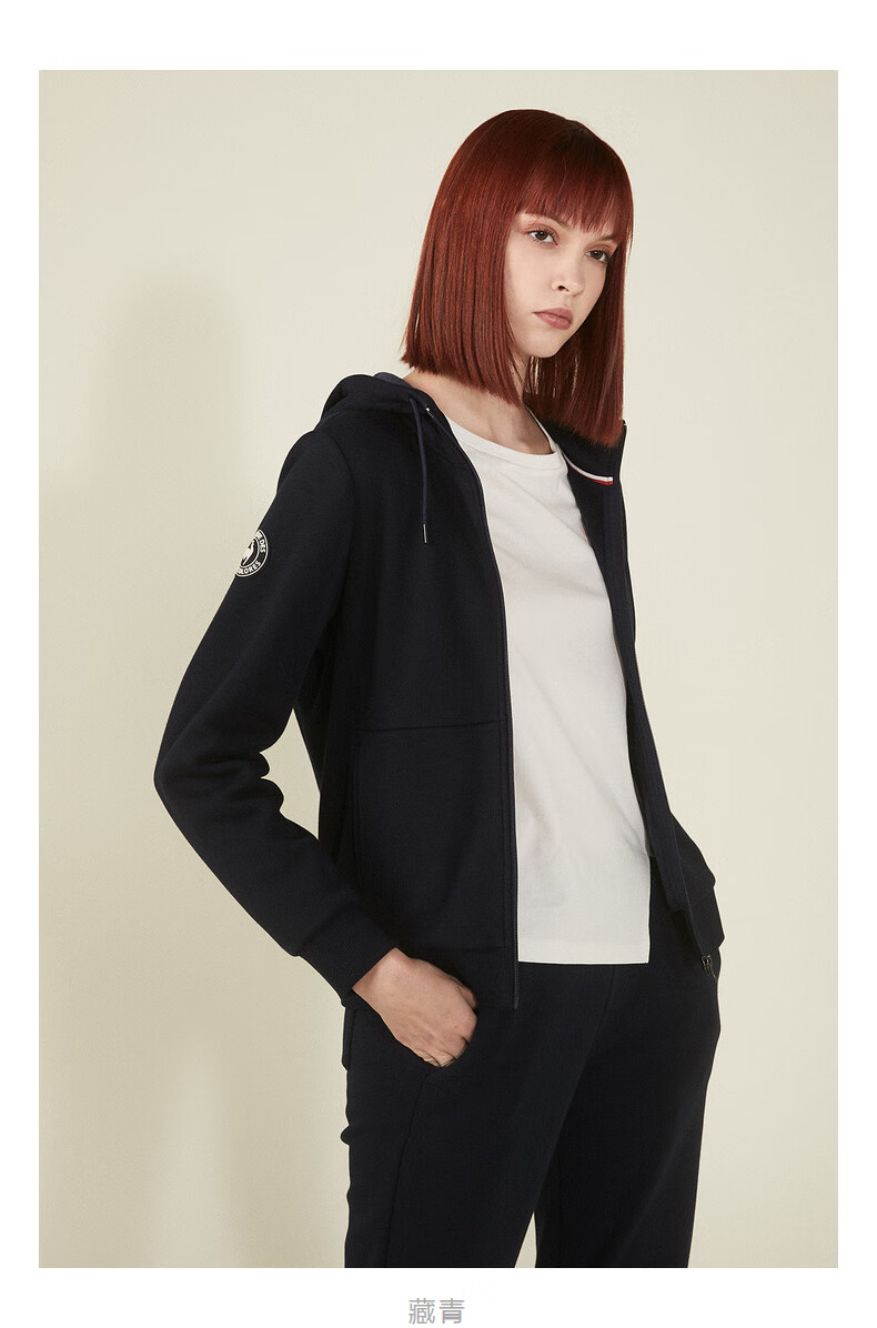 乐卡克法国公鸡品牌21秋季新品运动休闲带帽拉链开衫保暖外套女 黑色