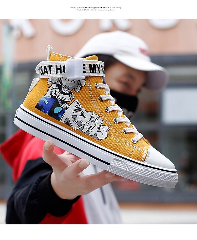 帆布鞋青少年校园风情侣板鞋子韩版潮流学院风休闲漫画涂鸦鞋亲子大童
