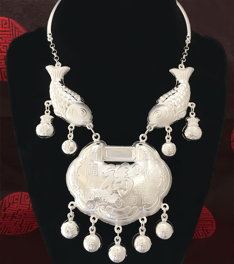 s999项圈银锁宝宝婴儿周岁足银套锁颈圈长命锁满月百岁礼盒 99g百家保