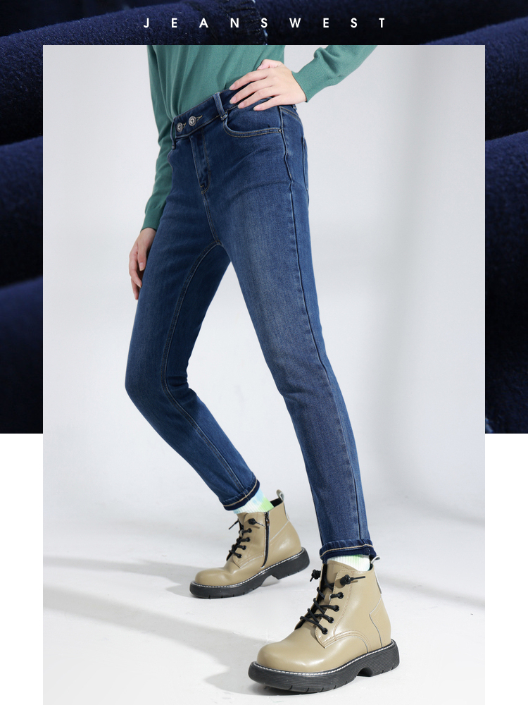 真维斯女装冬季新款中厚弹性雨纹拉绒底牛仔裤jw深灰804024