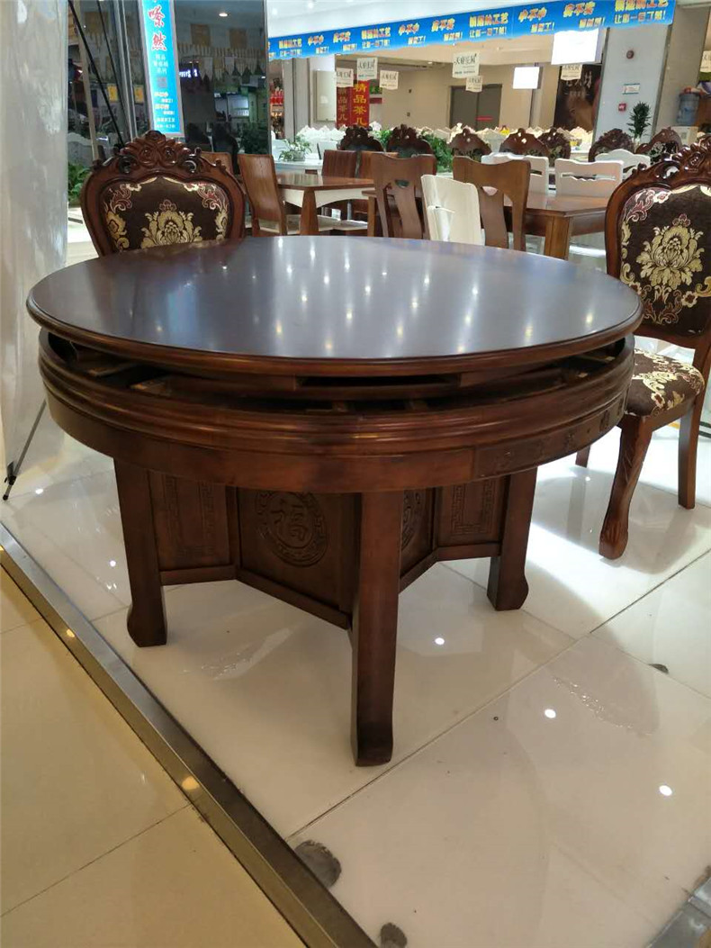 旋转扩大伸缩圆形餐桌省空间创意折叠家用多功能实木圆桌整装深色
