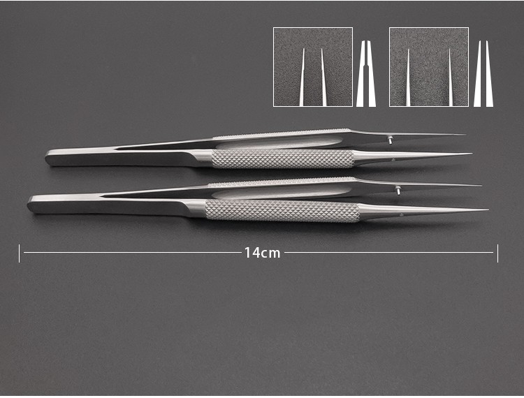 不鏽鋼圓柄顯微鑷子眼科顯微外科器械鈦合金手術鑷直彎頭平臺有齒18cm