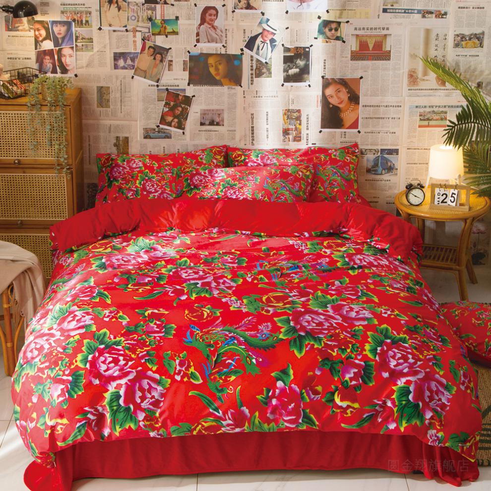 东北大花布四件套怀旧复古老式床单被套东北大花布四件套水晶绒加绒