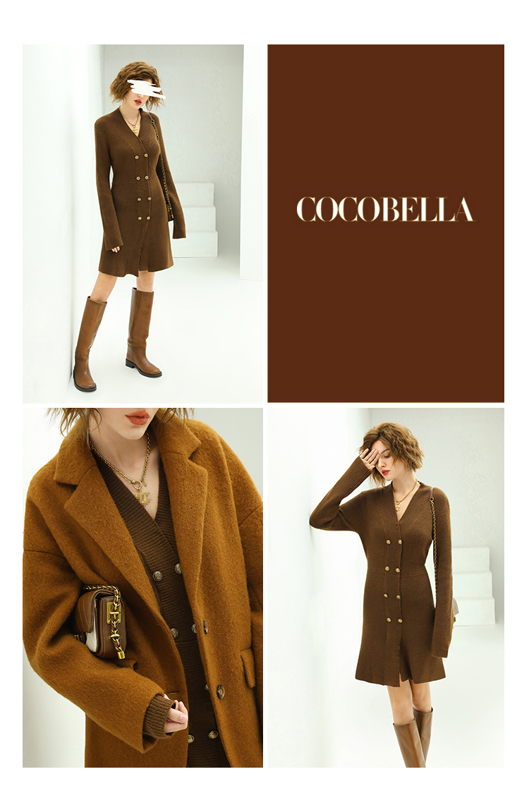 cocobella复古棕色双排扣针织连衣裙气质v领保暖毛衣裙mz104棕咖l