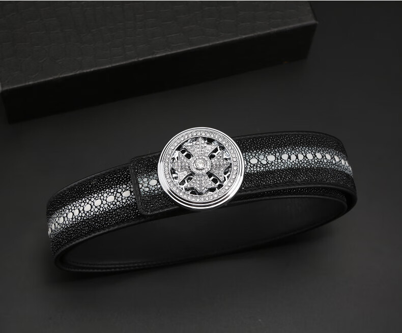 卡梵蒂珍珠鱼皮腰带男时来运转镶钻皮带奢侈品男士真皮高档品牌裤带