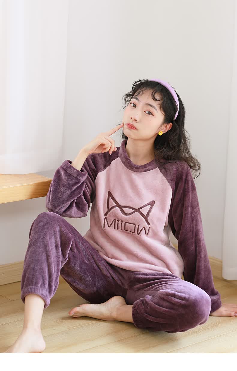 猫人睡衣女士2021年新款秋冬季加绒加厚珊瑚绒法兰绒卡通毛绒居家保暖