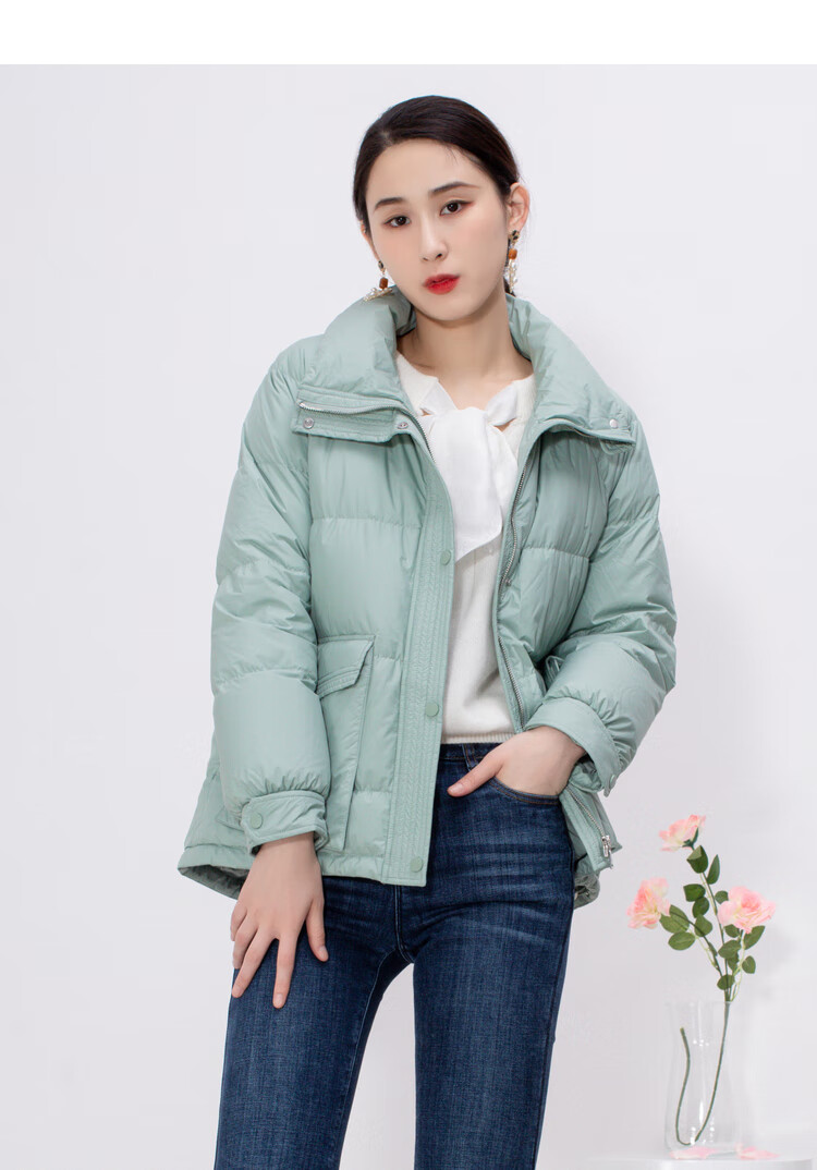 佳人苑短款羽绒服女2021年新款冬装简约立领鹅绒保暖休闲外套纯色香槟
