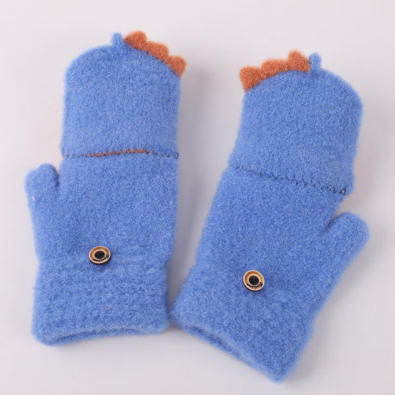 儿童手套中大童保暖手套男童童小学生写字半指翻盖手套蓝色恐龙半指