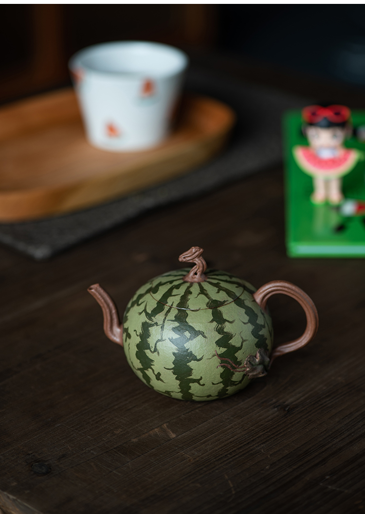 宜兴绿泥紫砂壶一套 宜兴紫砂壶西瓜壶 仿生壶 原矿 段泥 外粉绿泥