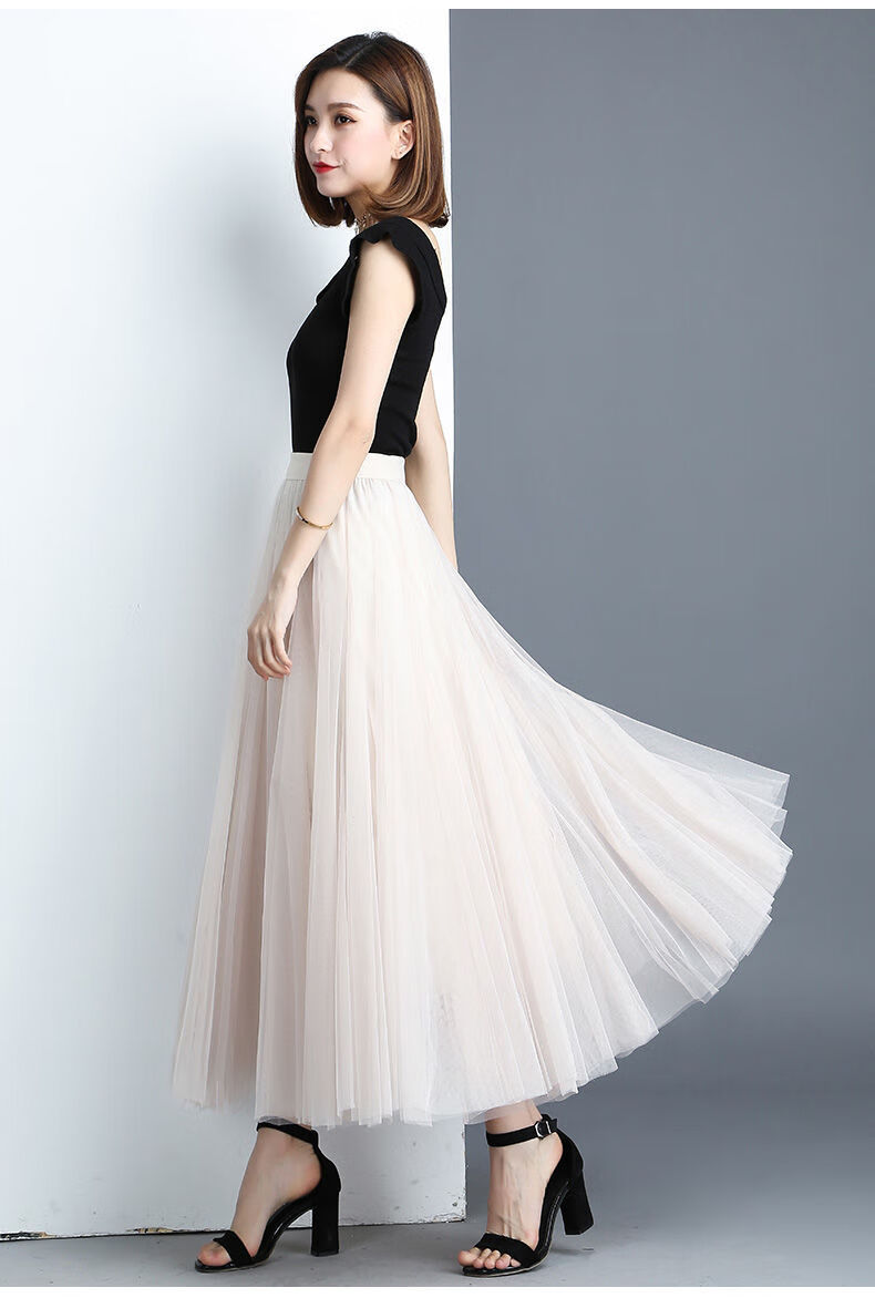 白纱裙高端网纱半身裙垂感纱裙女秋季遮胯显瘦大摆裙百褶裙半身长裙