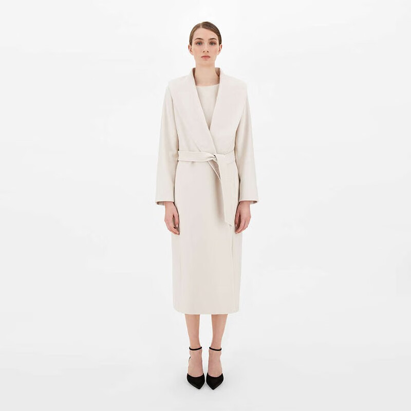 maxmara麦丝玛拉女士米白色系带长款大翻领羊毛大衣外套60161419048米