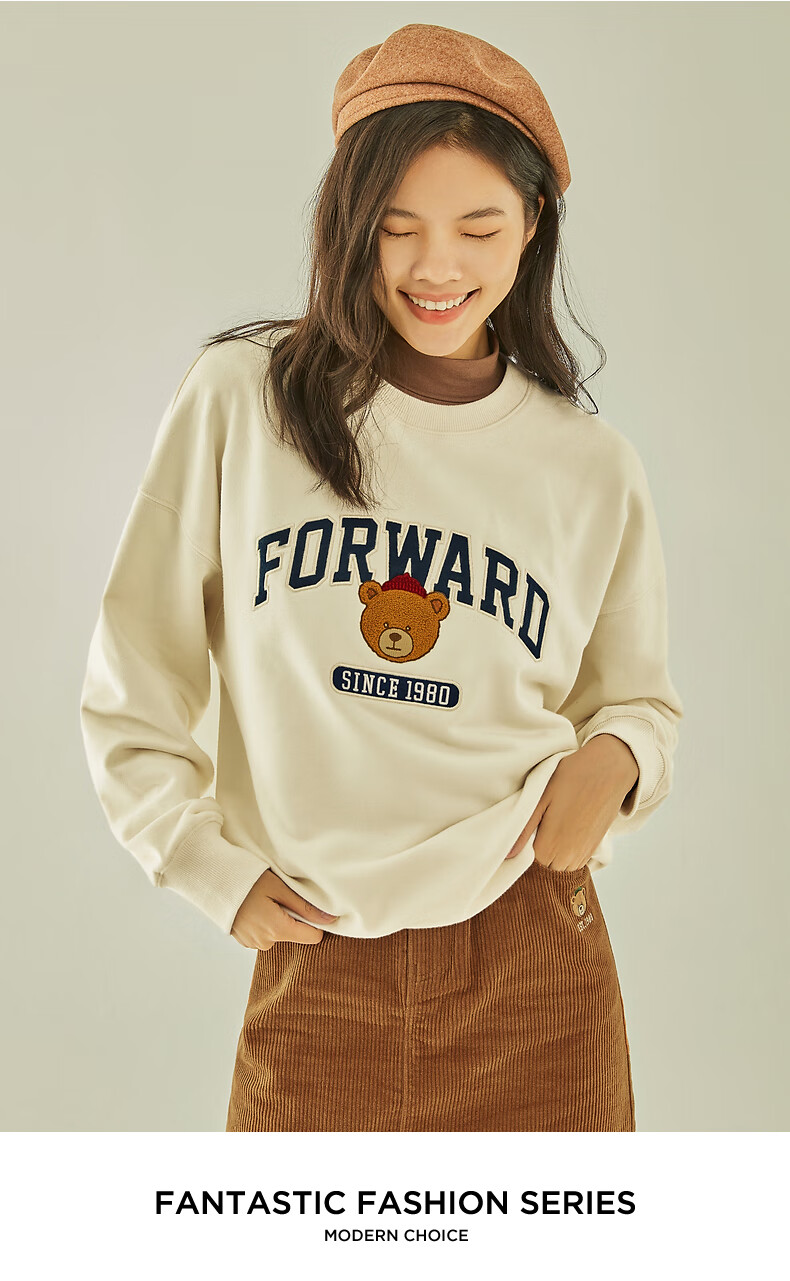 spao女装春秋季款coco小熊刺绣圆领上衣简约纯色舒适套头卫衣女 黑色