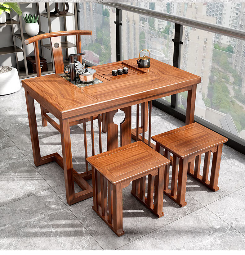 户型茶桌家用功夫茶台茶具套装一体茶几1米茶桌配2方凳一太师椅胡桃色