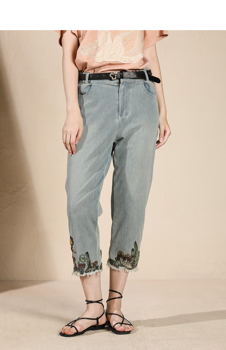 达衣岩时尚舒适长款2022年夏季新品水洗绣花牛仔裤女依旧蓝xs