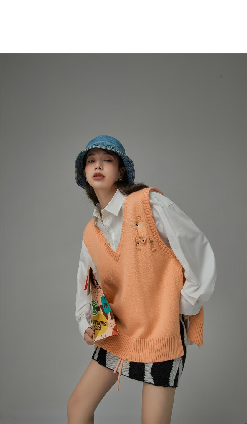 chuu破洞针织马甲背心女年冬季新款洋气宽松纯色外穿马夹坎肩橘色均码