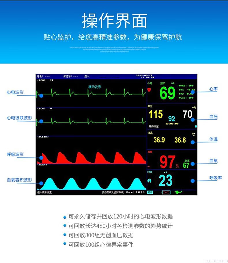 pm-9000a 12.1寸多参数监护仪家用医用监护仪心电监护仪 标配(数字血
