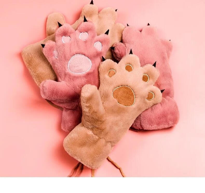 qiced新品猫爪手套冬季卡通毛绒熊爪手套韩版可爱女生挂脖保暖加绒