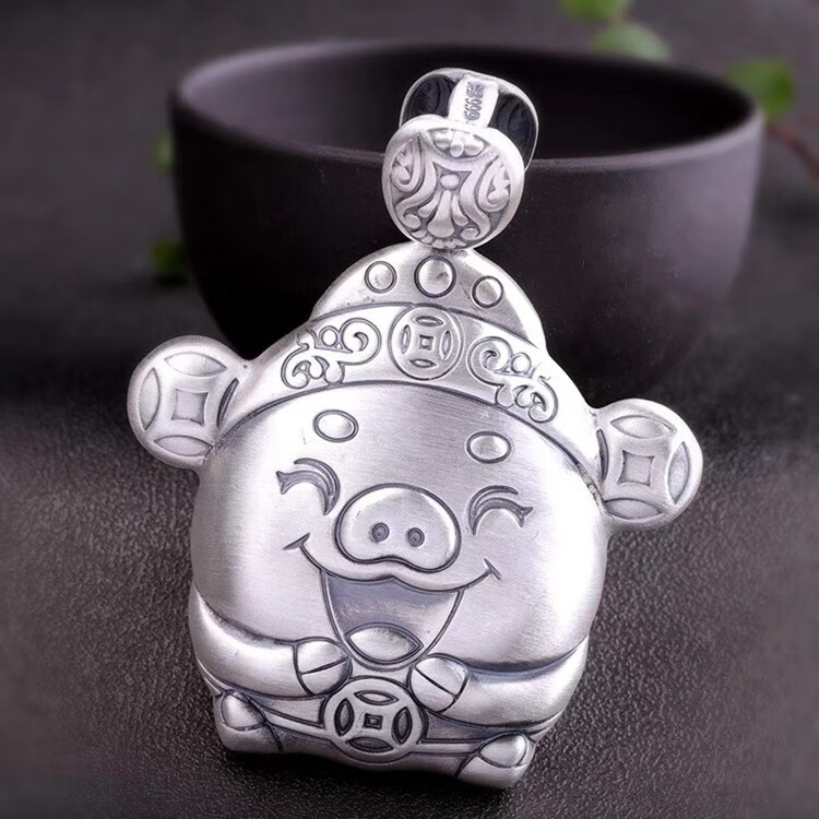 卡通小猪银吊坠女 吊坠银坠子复古如意福气猪吊坠妈妈女友 七夕礼物