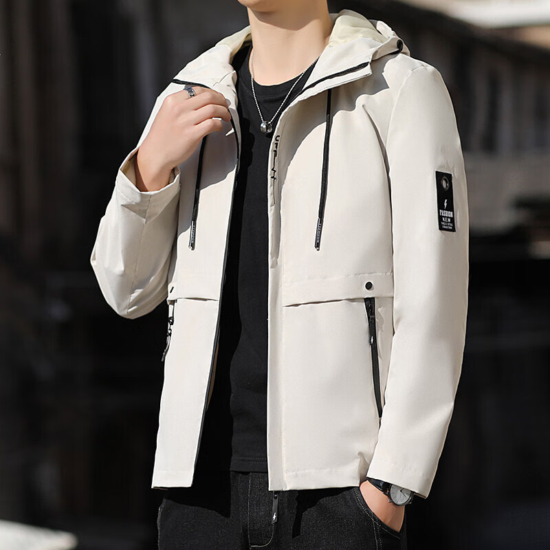 男士牛仔单衣外套加绒带帽子宽松男春秋男装休闲夹克上衣601蓝白m