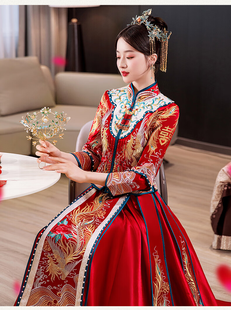 龙凤褂拖尾秀禾服新娘结婚中式嫁衣显瘦敬酒高端出阁礼服撞色婚服