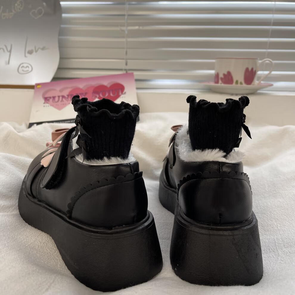 萨芙娜猪腰子鞋jk鞋子黑色厚底lolita小皮女洛丽塔圆头可爱加绒玛丽珍