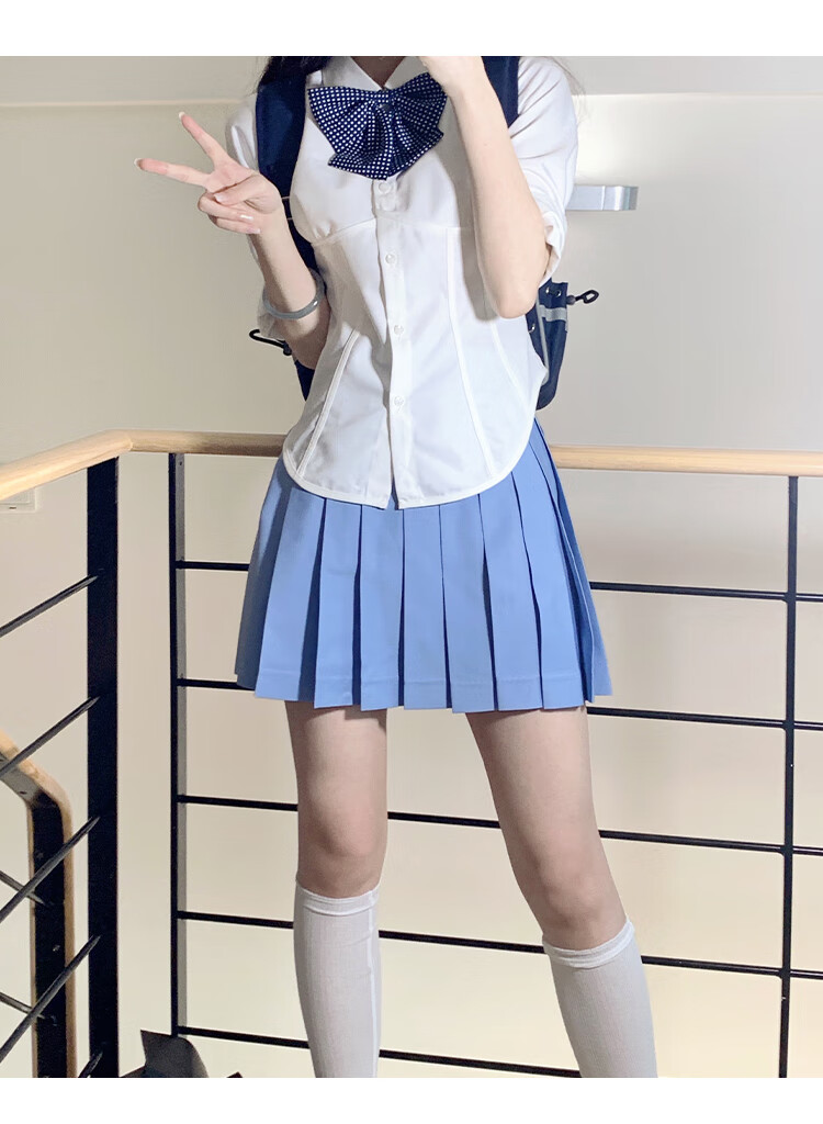 jk裙百褶学生裙车厘子套装原创日系长短袖衬衫裙女高腰短裙 蓝色 裙长