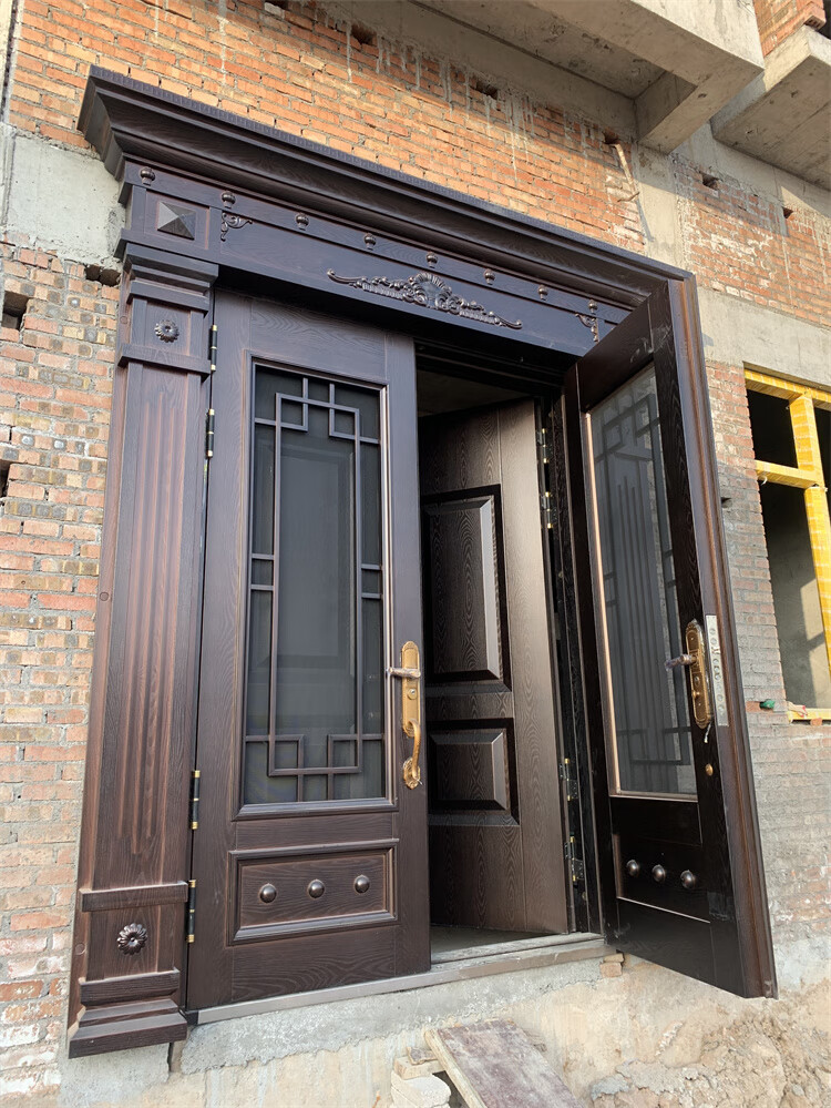 农村别墅大门双开门复合带纱门入户防盗门玻璃门豪华不锈钢仿铜 复合