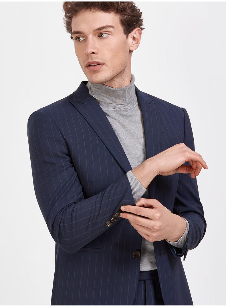 金利来奥特莱斯男装绵羊毛混纺微弹条纹修身套西正装外套a藏蓝95b版52