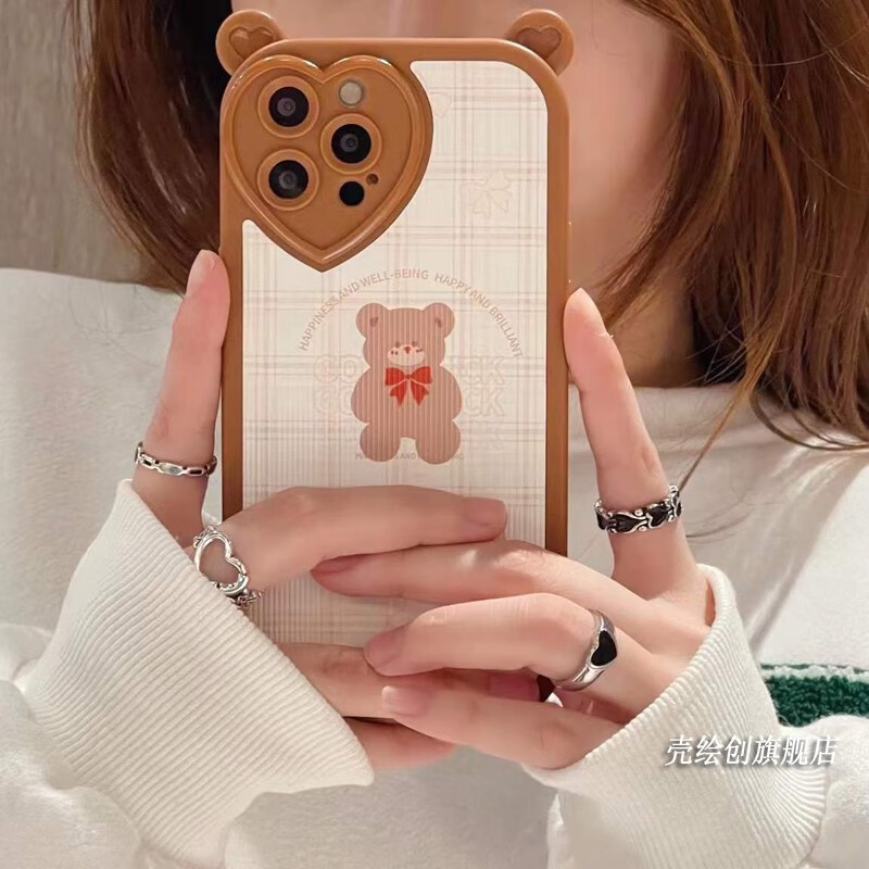 壳绘创爱心耳朵小熊苹果1112pro手机壳8plus爱心镜头iphone13pro女款