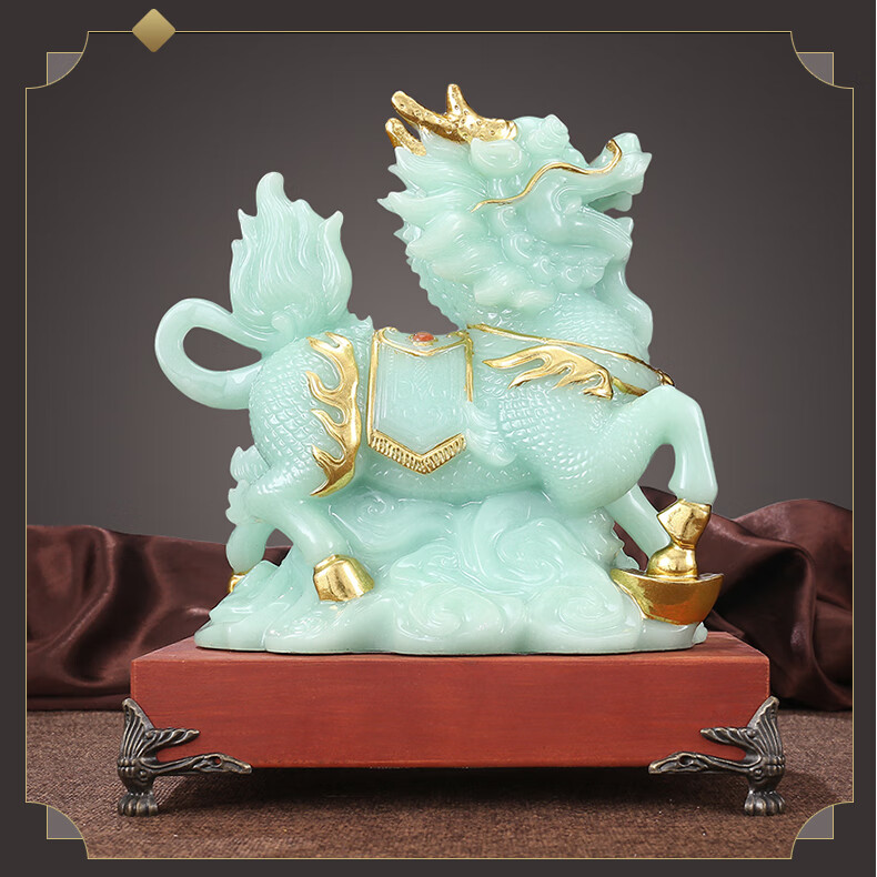 名态蓝冰玉石麒麟摆件工艺品一对乔迁新居开业礼品中式办公室家居客厅