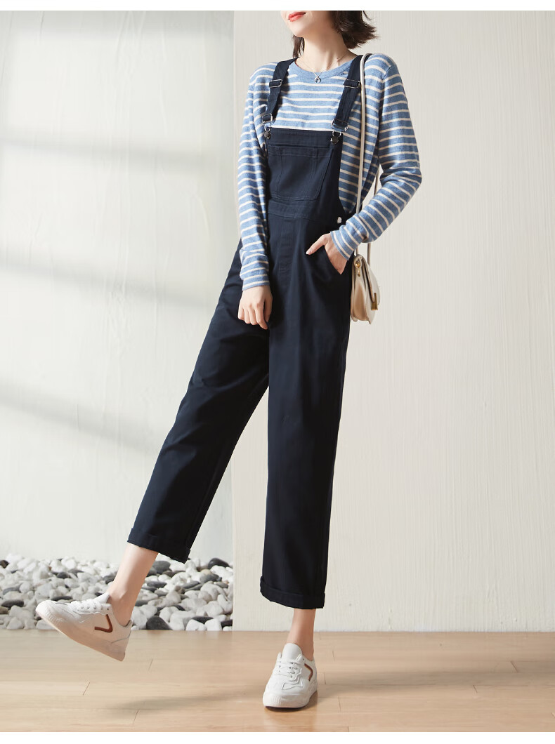 sofsil索菲丝尔藏青背带裤直筒阔腿裤2021秋款新款清新显瘦宽松女休闲