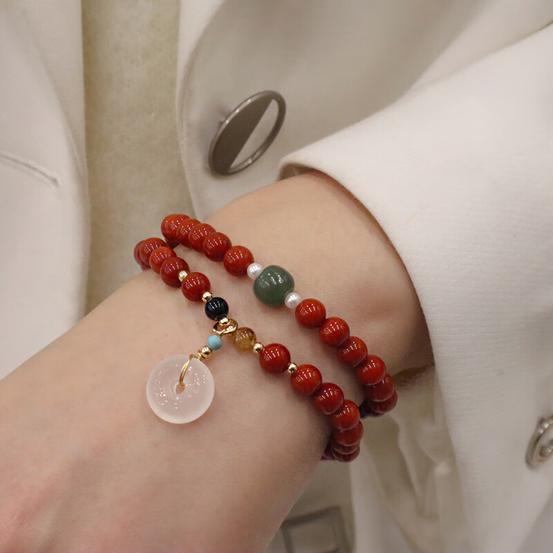 天然南红玛瑙两圈手链玉髓平安扣吊坠手串小众感网红手工手链天然南红